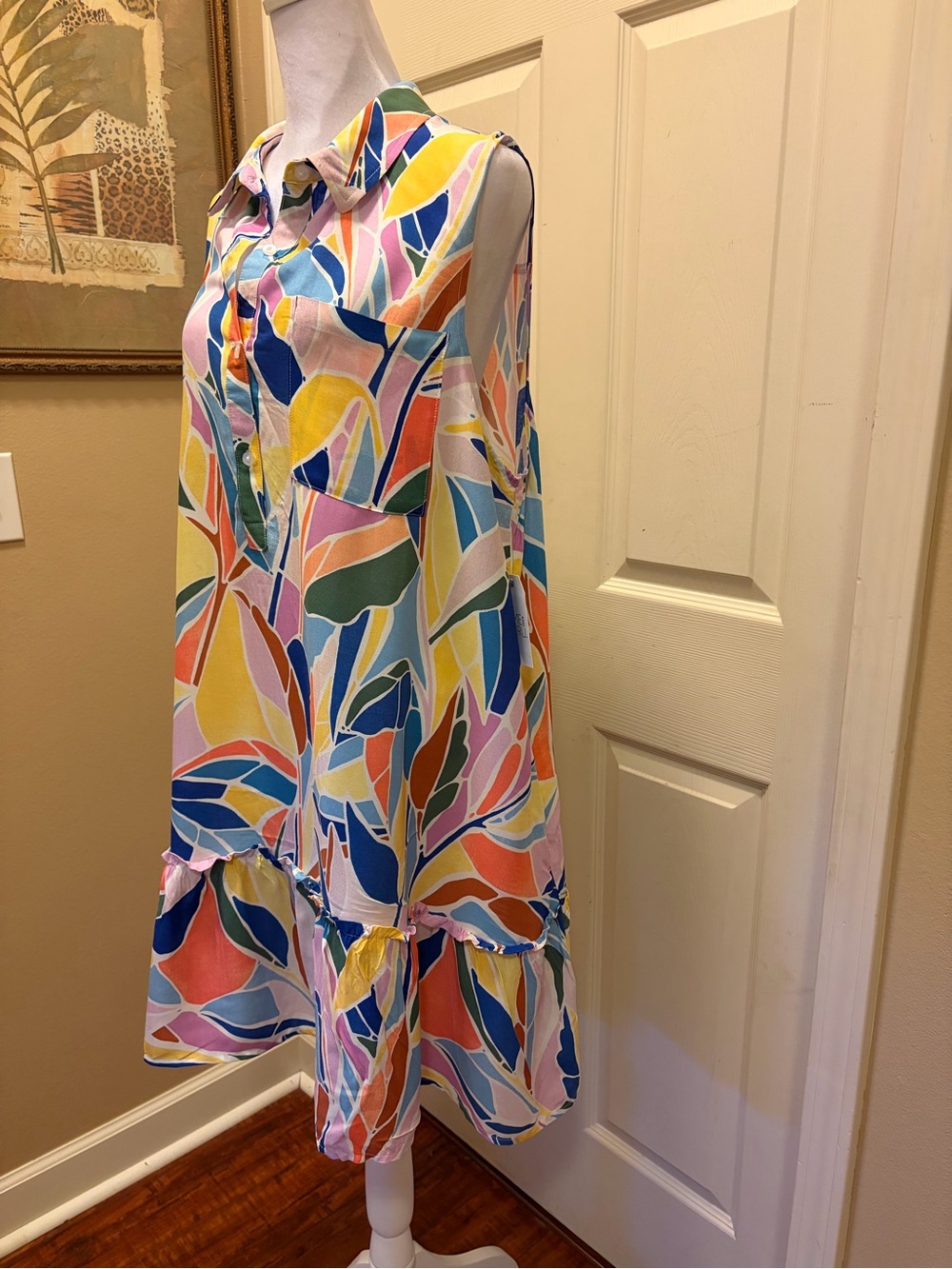 Time and Tru Multi-Color Sleeveless Button-Front Ruffle Hem Mini Dress - Picture 4 of 6
